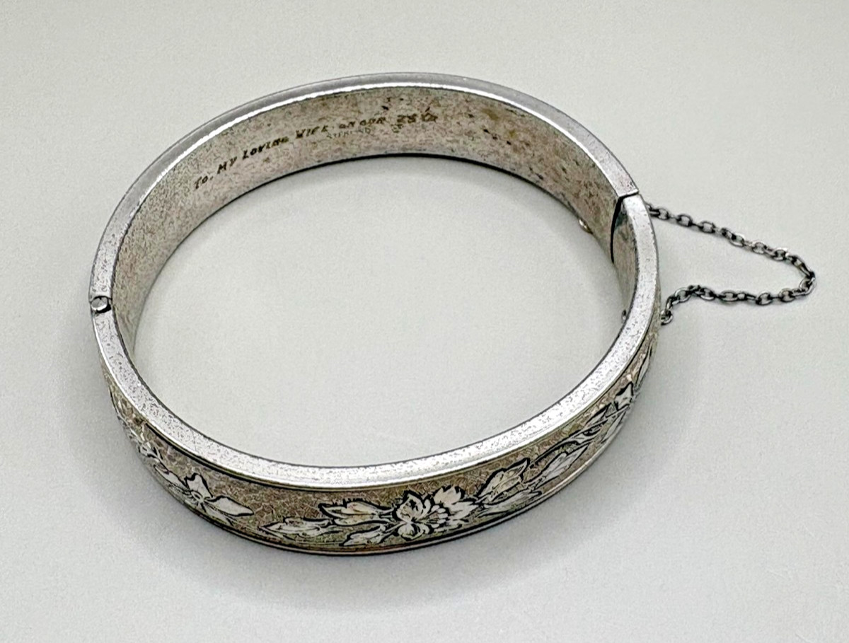 Vintage Sterling Silver Floral Engraved Hinge Bangle Bracelet Safety Chain 21.5g