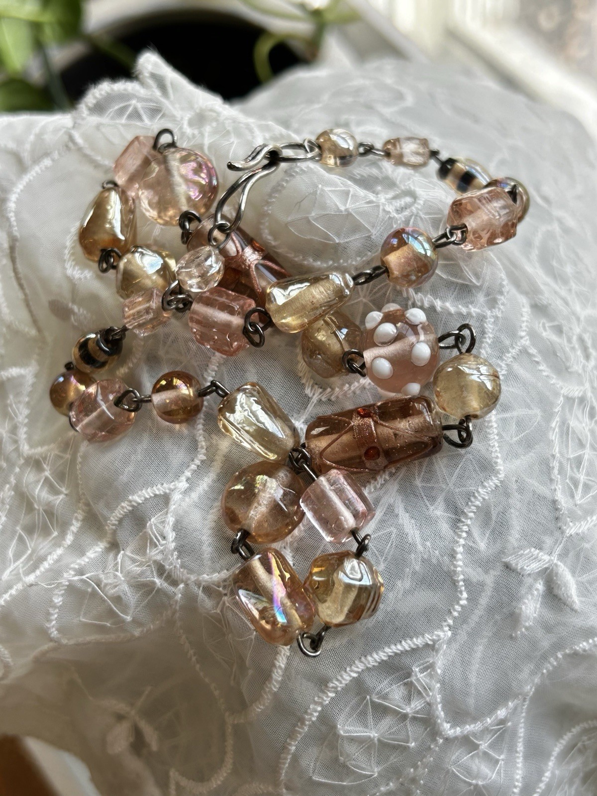 Vintage Wire Wrapped Peach Champagne Art Glass Bead Chain Necklace 20″ 50g