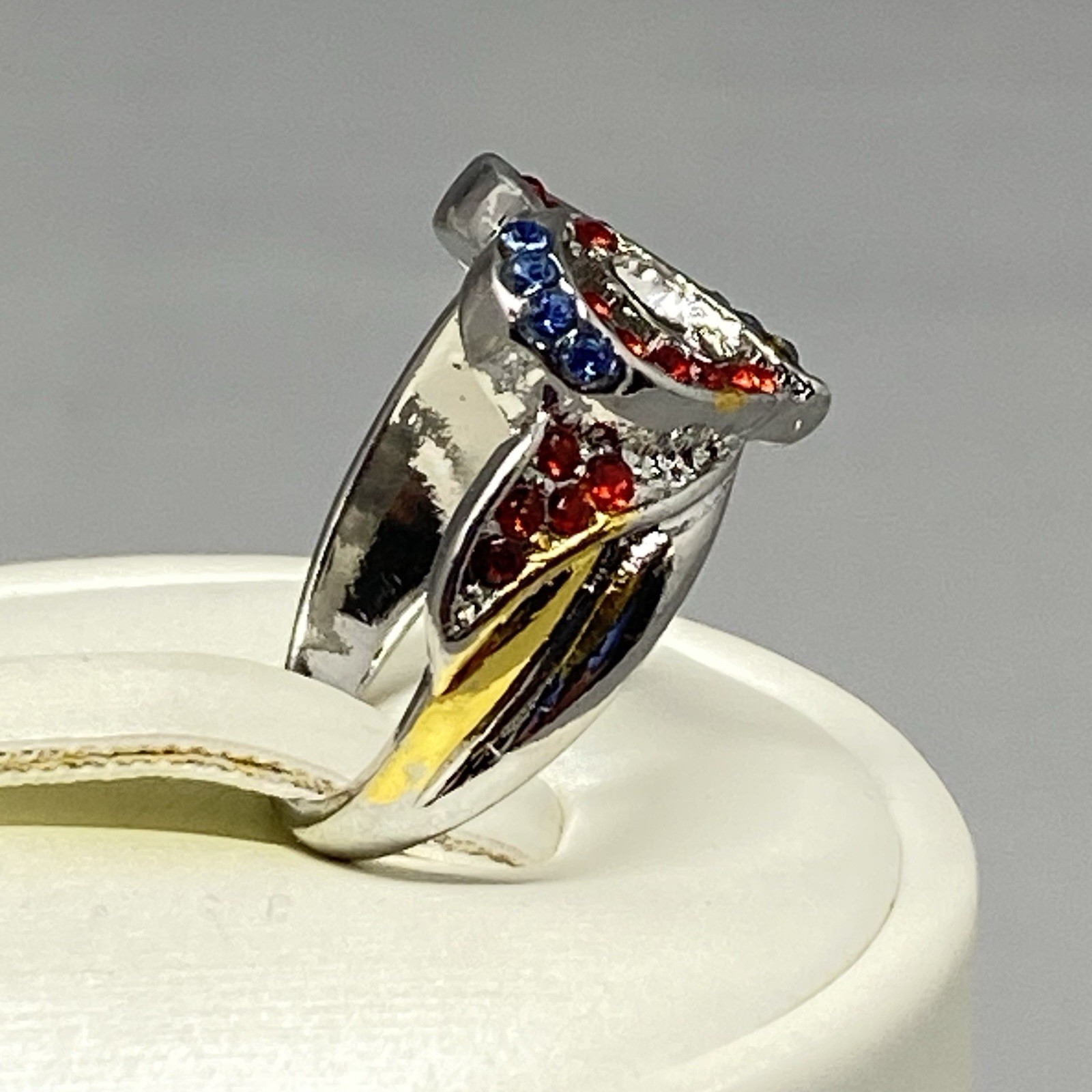 Heart Cocktail Ring Red White Blue Crystals Silver Tone Always With You Engraved