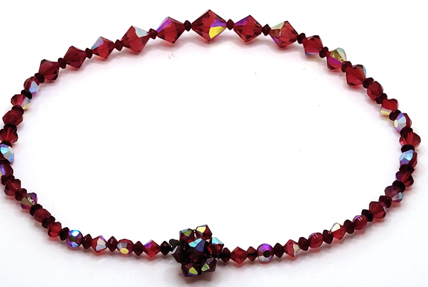 Vintage Ruby Red AB Bicone Bead Aspirin Crystal Bead Necklace Cluster Box Clasp