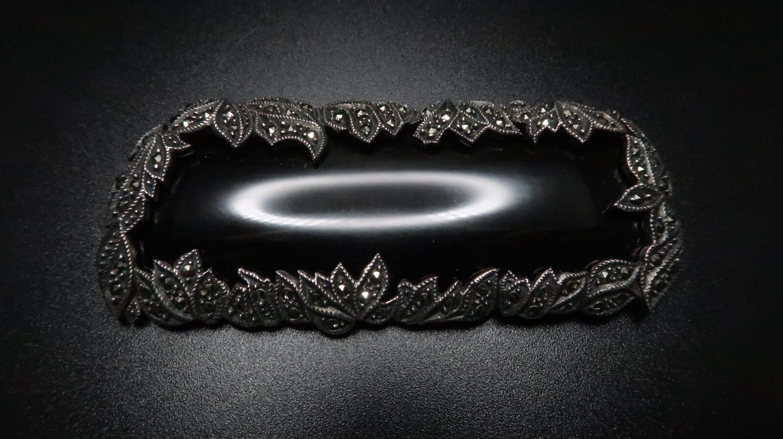 Huge Vintage Sterling Silver Onyx Marcasite Laurel Leaf Brooch 7.5cm BB1