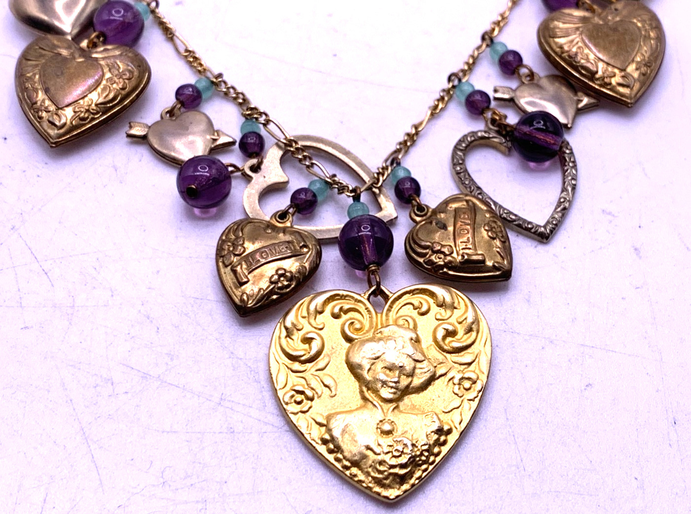 Vintage Lucy Isaacs Charm Necklace puffy hearts Victorian beaded extra long