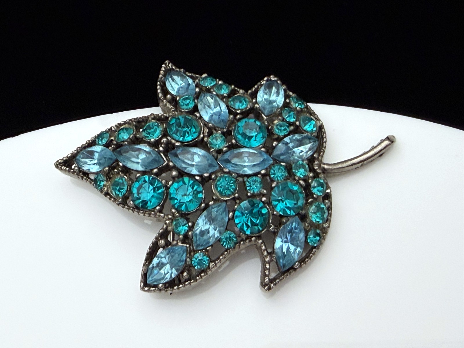Vintage Blue & Teal Rhinestone Leaf Figural Brooch Pin