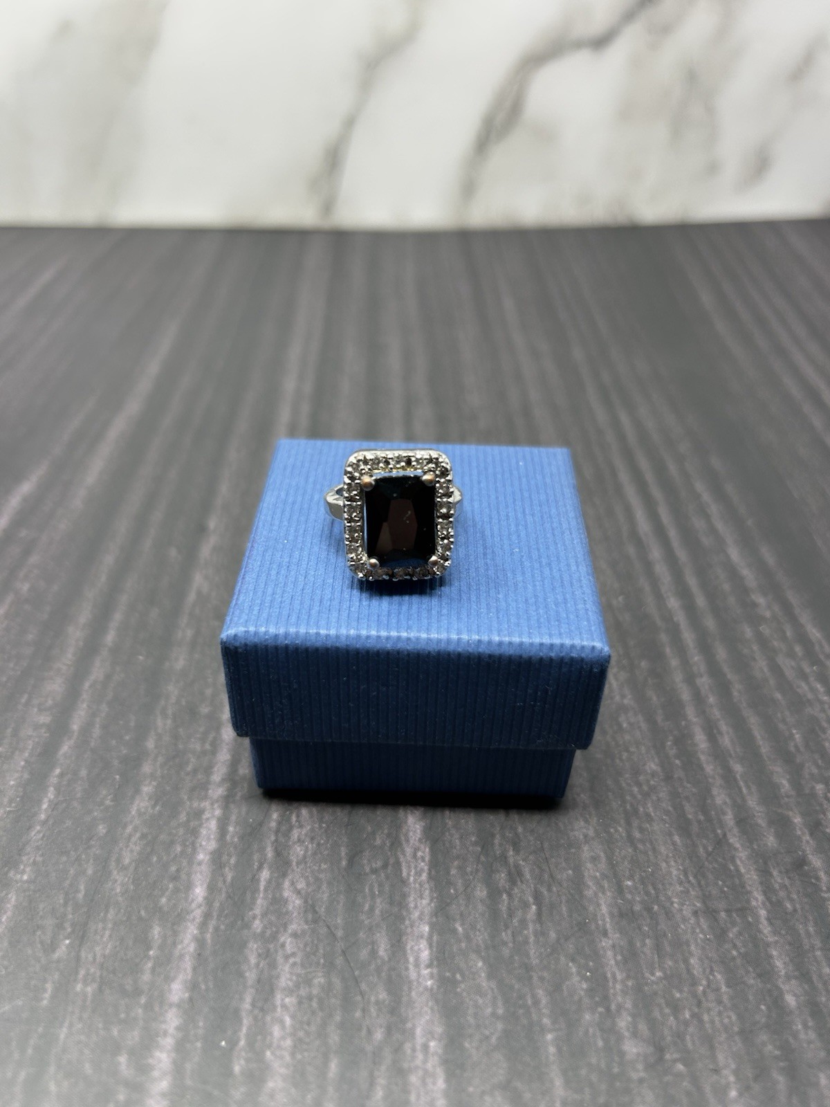 Vintage Signed Emerald Cut Black Stone Halo Style Ring 5.75