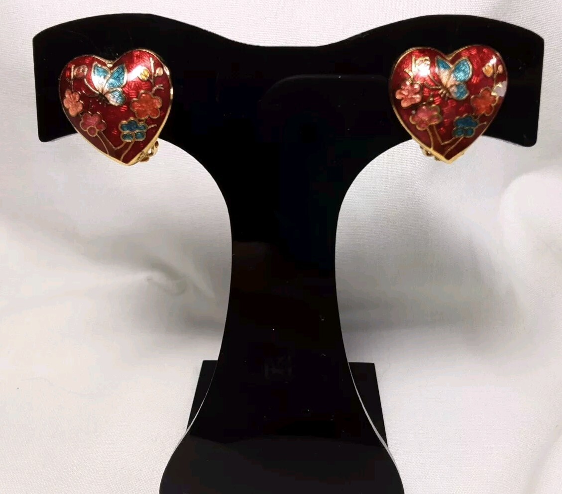 Earring Gold Tone Cloisonne Red Pink Blue Puff Heart Floral Butterfly Clip Vtg