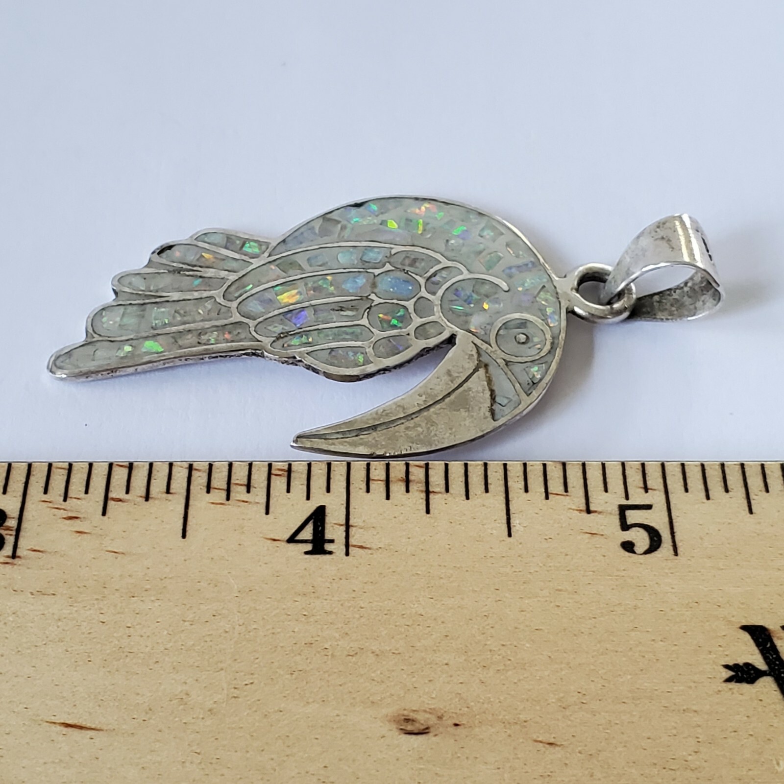 Vintage 925 Sterling Silver Iridescent Faux Opal Chip Inlay Toucan Large Pendant
