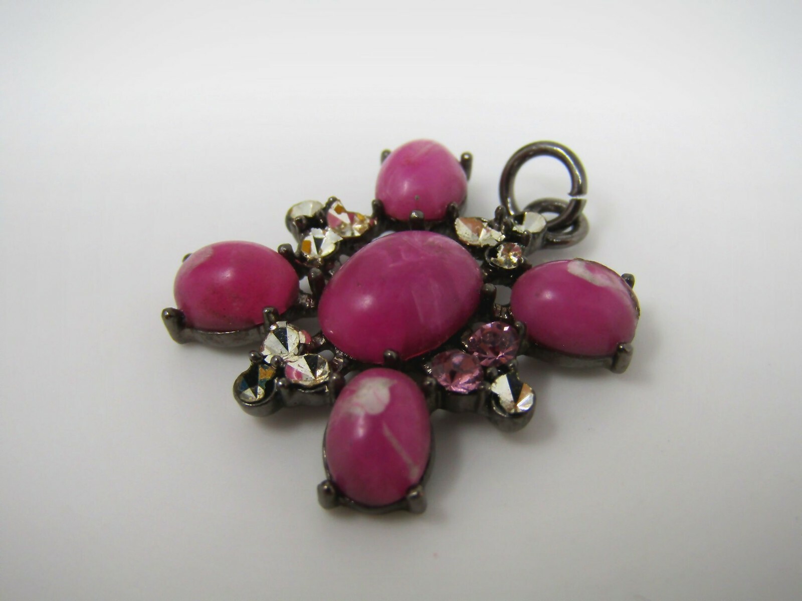Vintage Pink Marbled Glass Flower Pendant Rhinestone Accent Gunmetal Tone