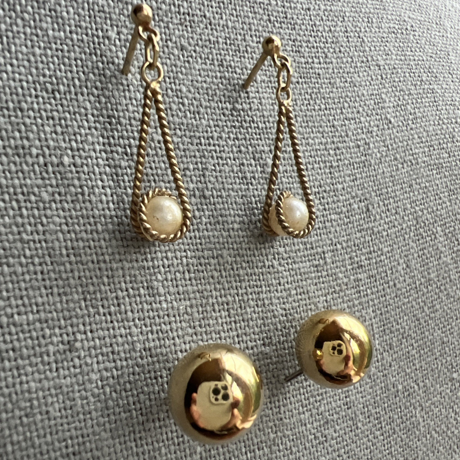 Two Pair Vintage Gold Tone Earrings; Faux Pearl; Gold Tone Ball; Classic!