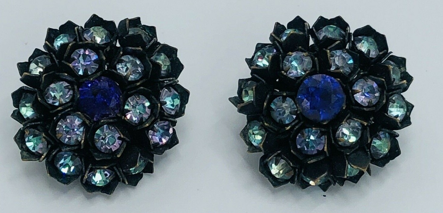 RARE MIRIAM HASKELL Signed Purple and Blue CRYSTAL FLOWER CLIP BACK EARRINGS