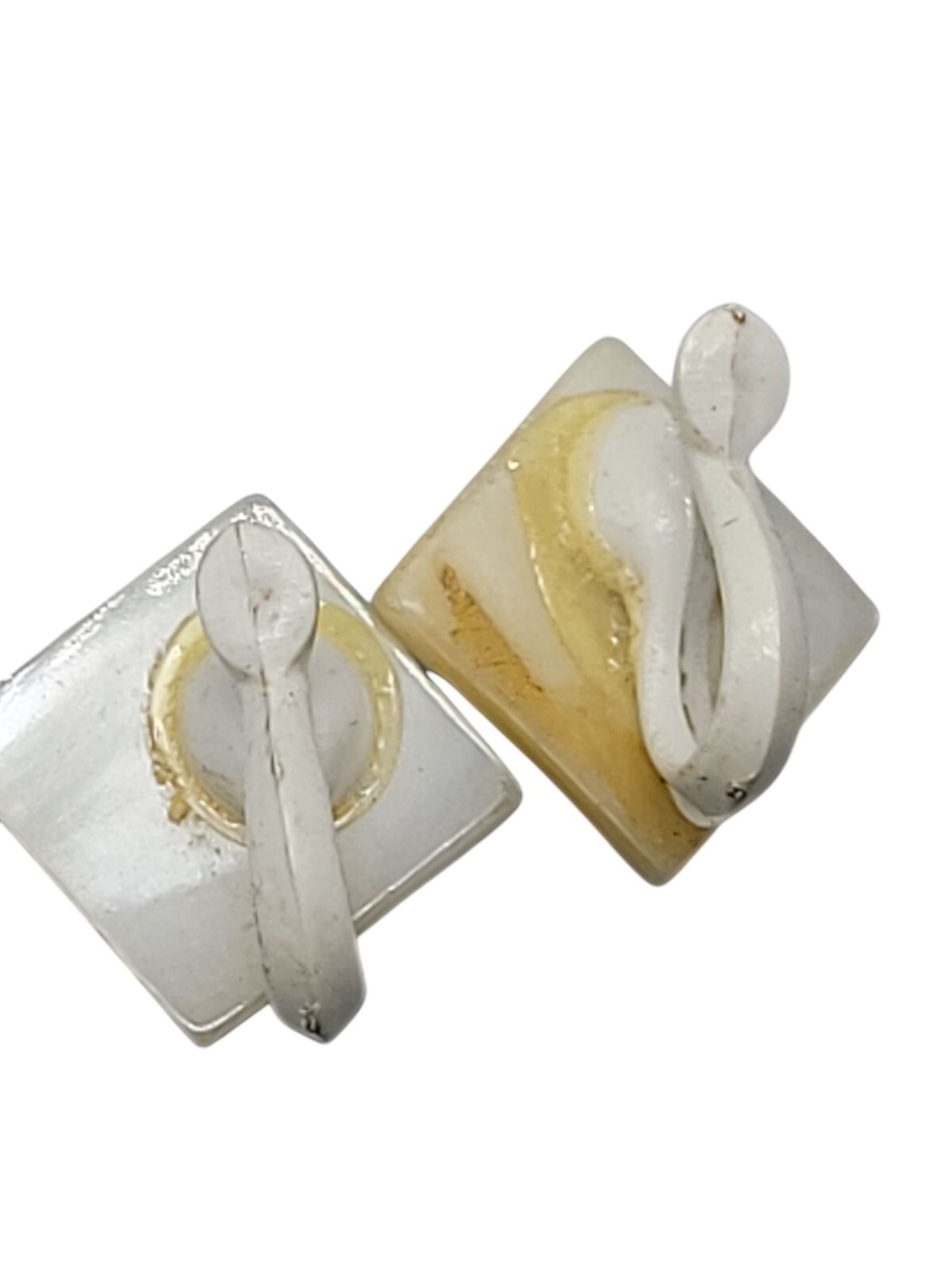 MOP Lucite Cameo Tension Paddle Clip On Earrings Mother Of Pearl Vtg Black White