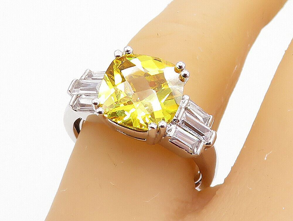 925 Silver Citrine & Cubic Zirconia Shiny Solitaire Accent Ring Sz 7 RG3588