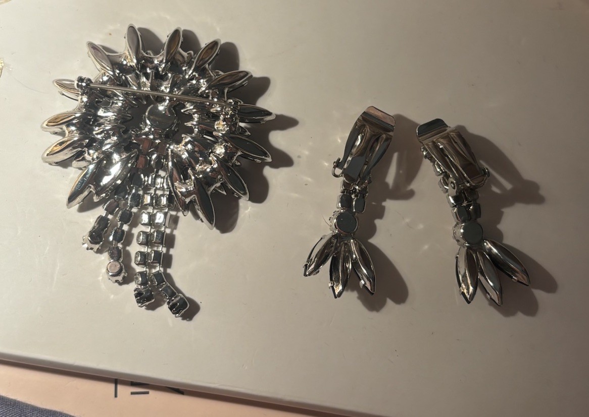 Vintage Black & Clear Marquise Rhinestone Brooch & Clip-On Earrings Set