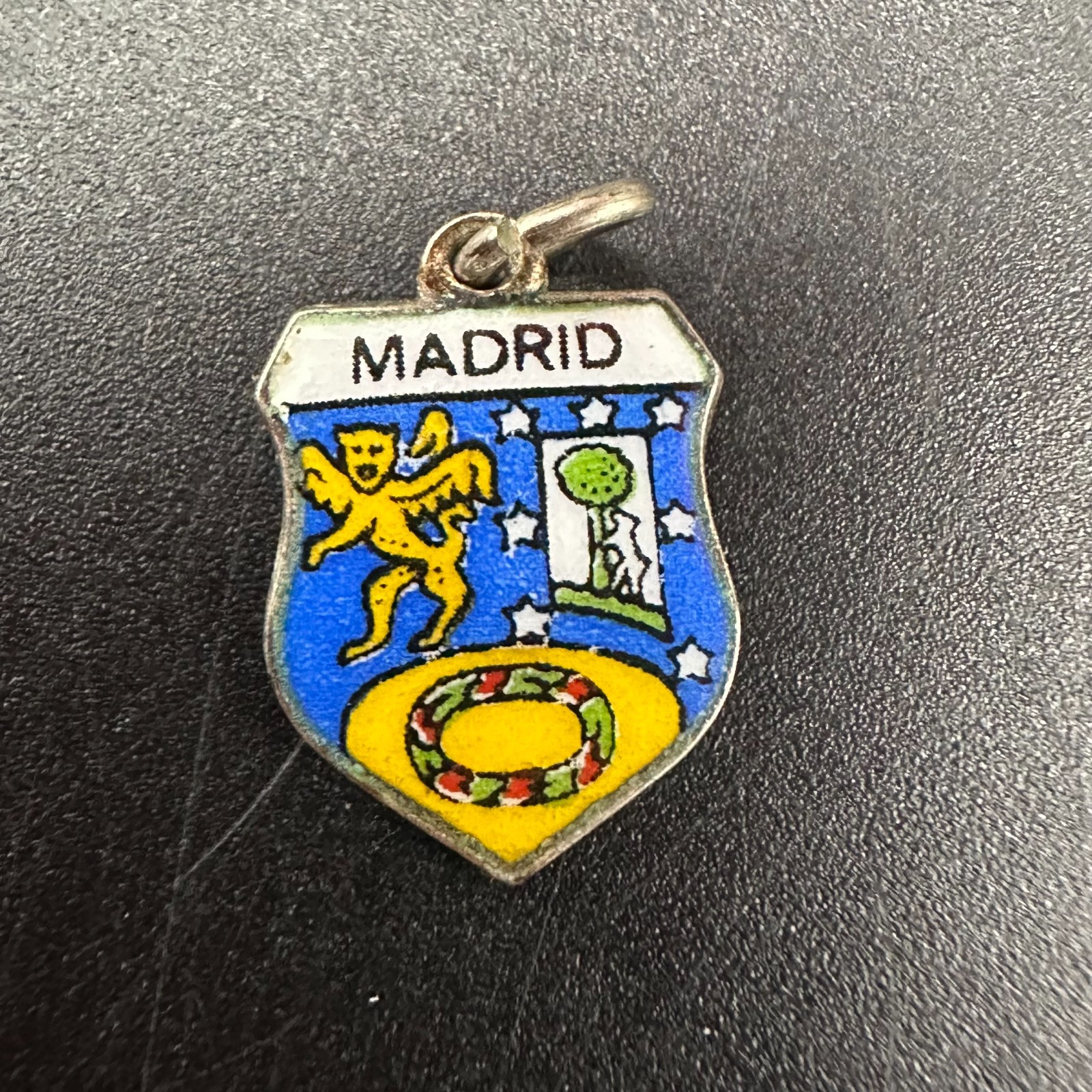 VINTAGE ENAMEL MADRID SPAIN SHIELD CHARM ESPANA COAT OF ARMS Marked 800 1cm