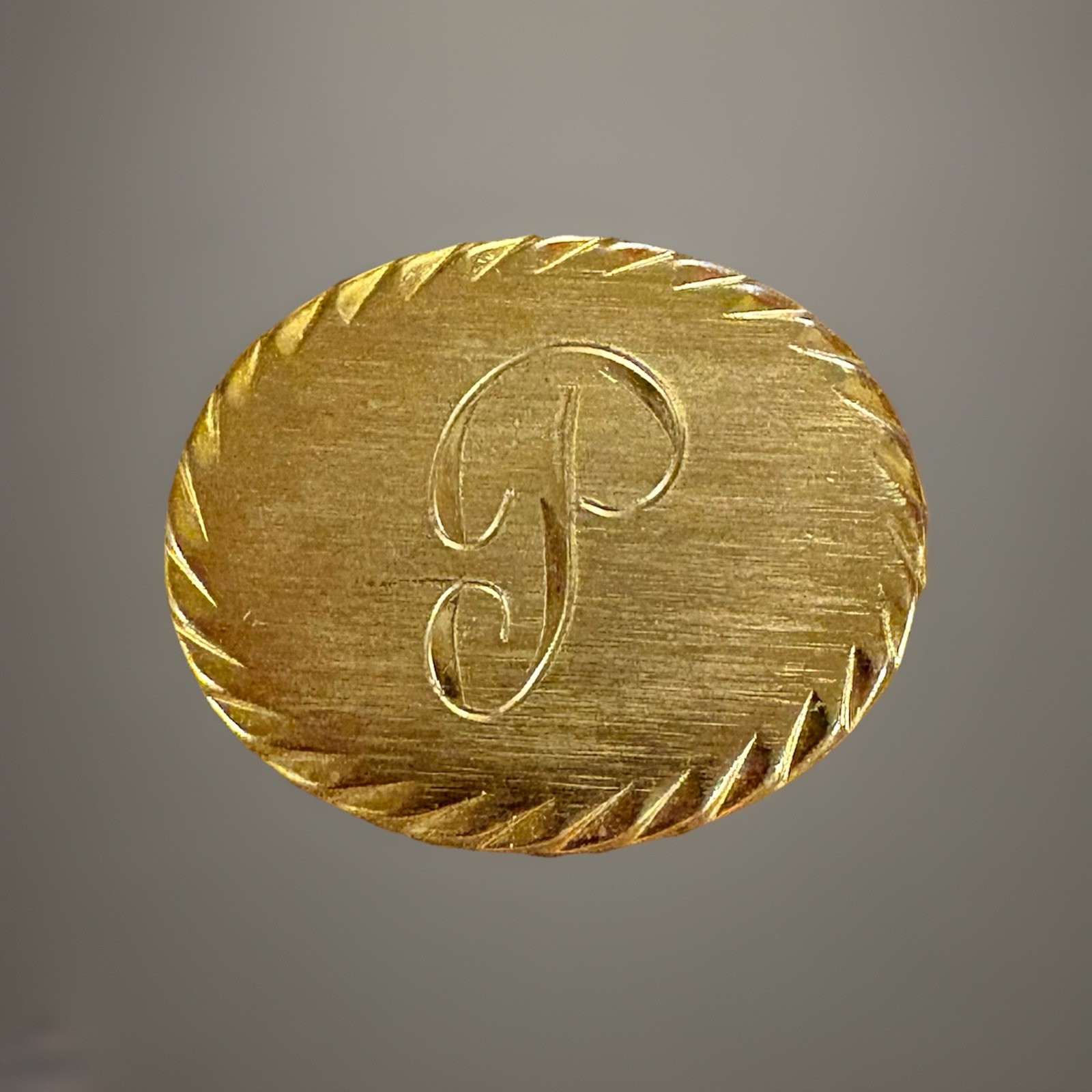 Vintage Monogram Letter “P” Gold Tone Textured Edge Brooch Pin