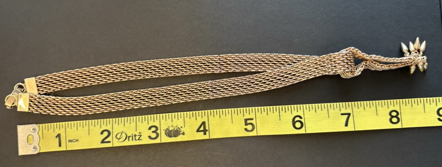Vintage Woven Gold Tone Mesh Tie Collar Choker Necklace Tassel Drop Spike Fringe