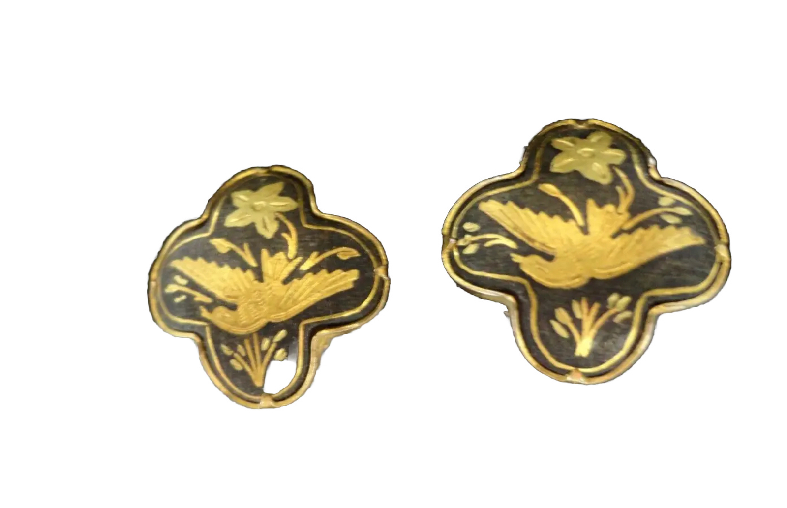 vintage gold tone Damascene bird, flower, clip on earrings very light weight