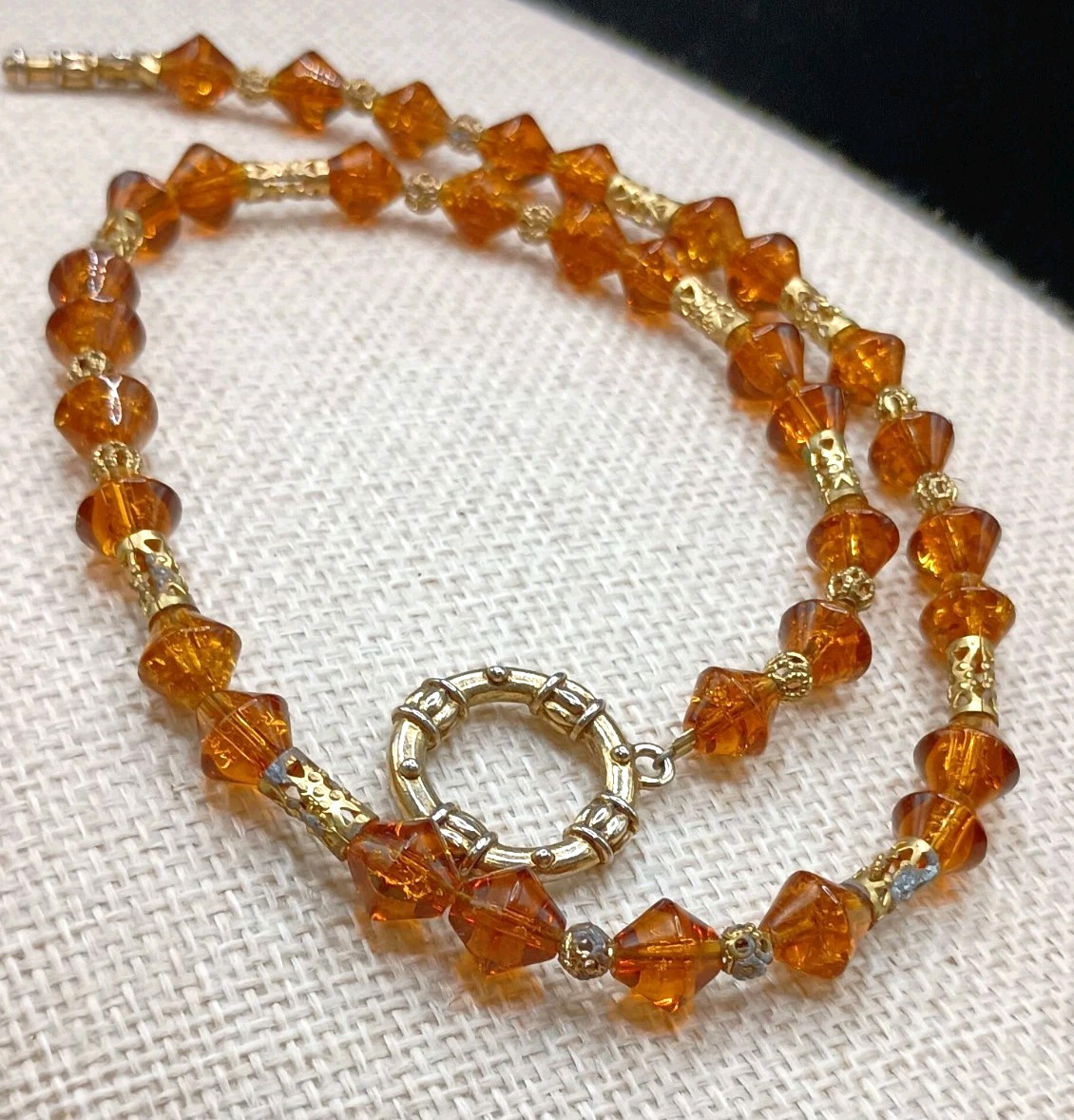 Vintage Orange Bicone Beaded Necklace Gold Tone Accents 22″