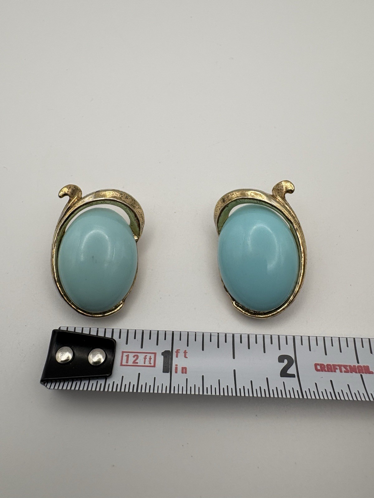 Vintage Crown Trifari Faux Turquoise Cabochon Clip On Earrings 1960s Gold Tone
