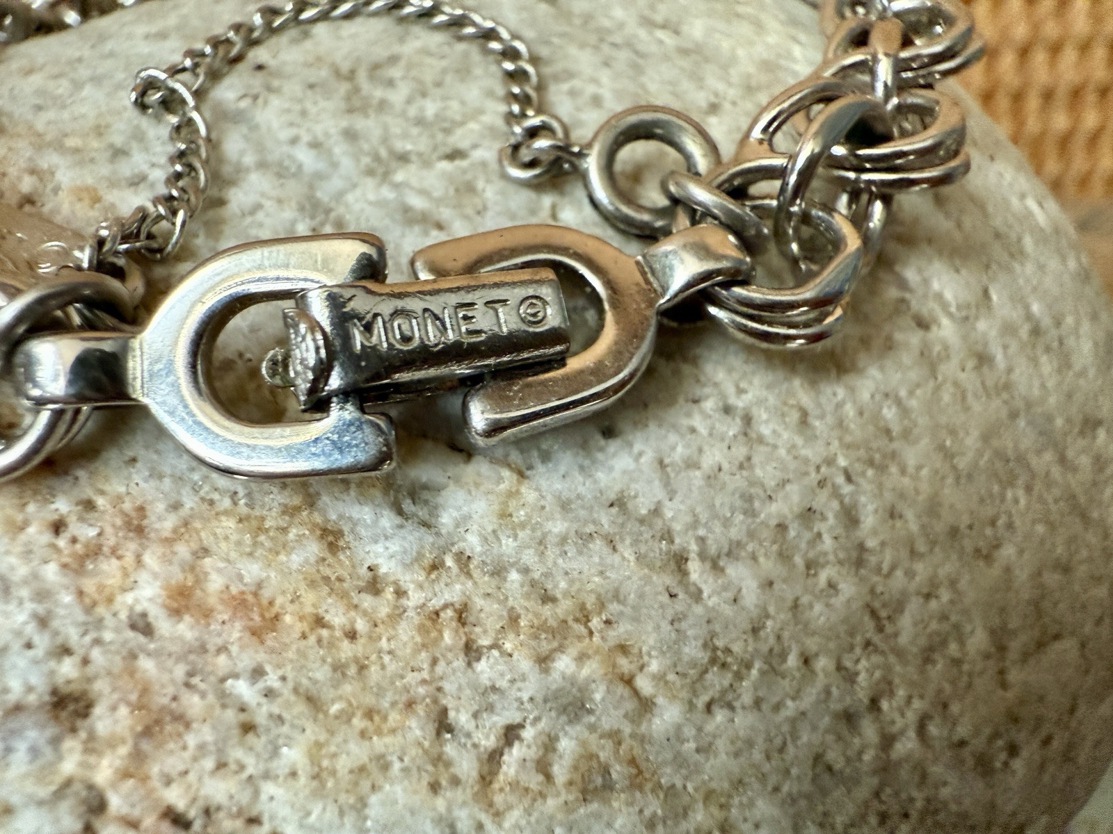 VTG MONET Starter Charm Bracelet Silver Tone Double Link 7 3/4 Inch Safety Chain