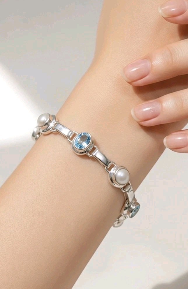 Blue Topaz Bracelet Pearl Sterling Silver Link Gemstone Bezel 925