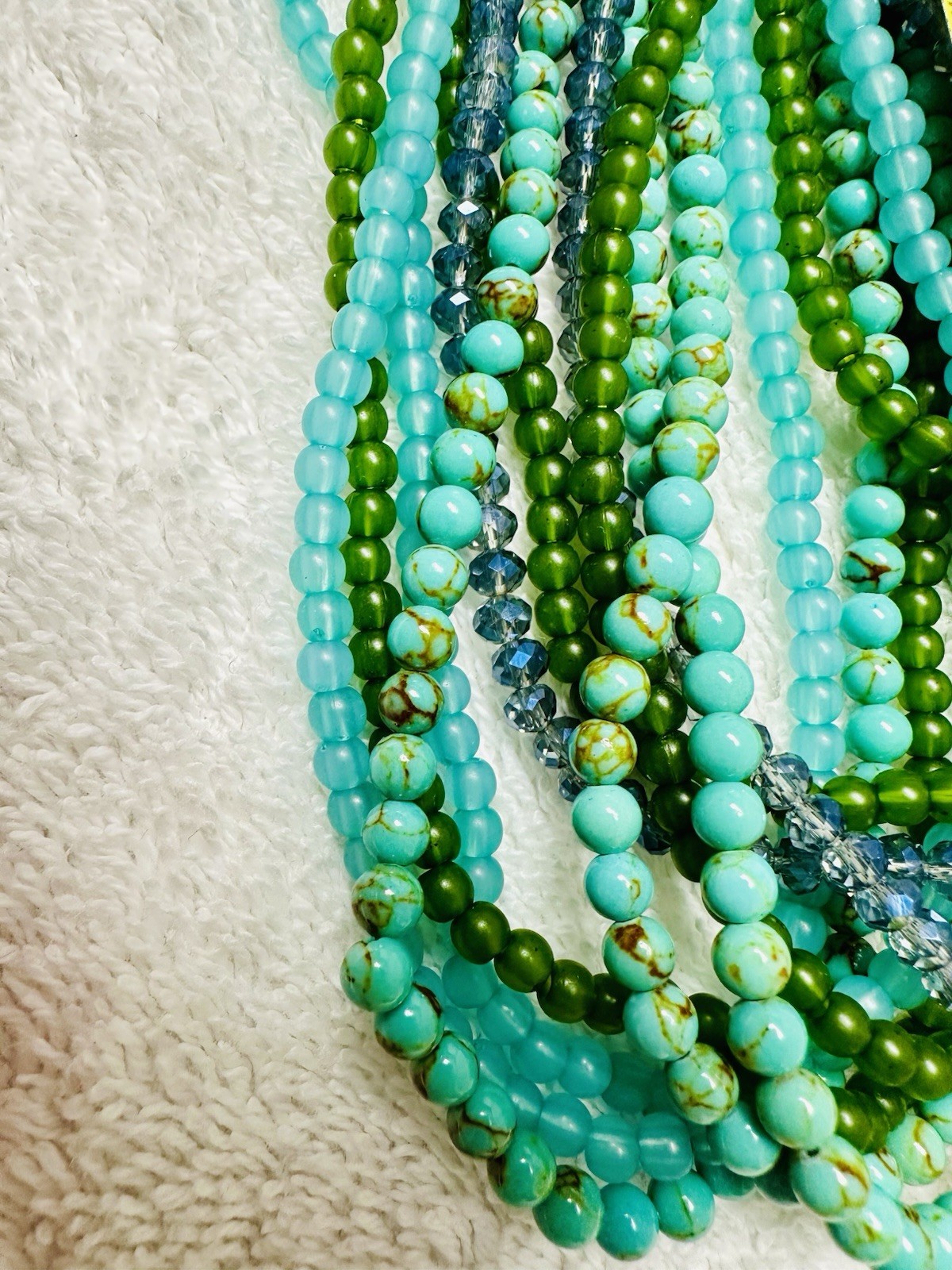 Multi Strand Blue Green Bead Bib Torsade Style Necklace n051