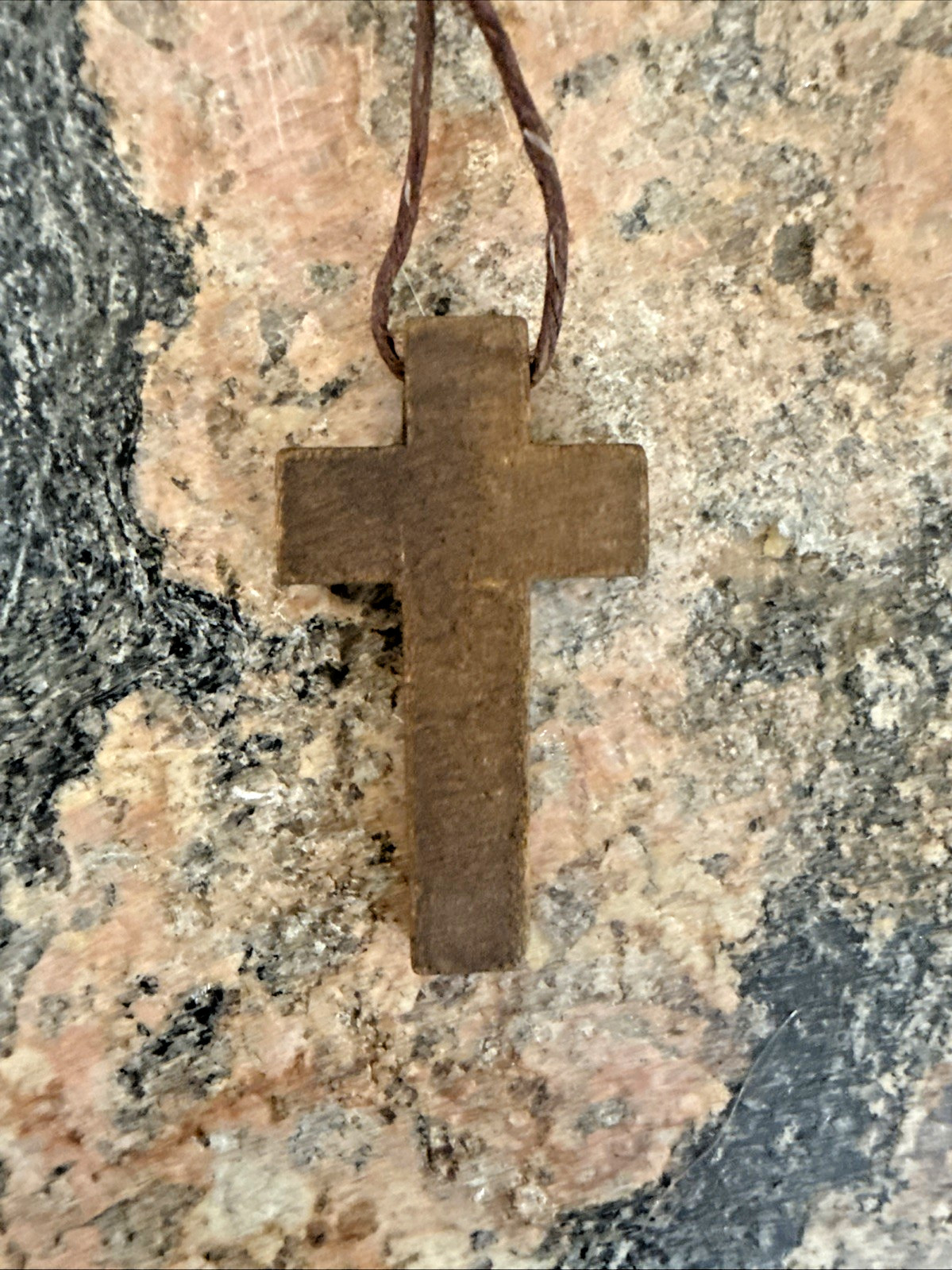 Vintage 80s Cross INRI Necklace Pendant Rosary OLIVE WOOD Hemp Cord COLLECTIBLE