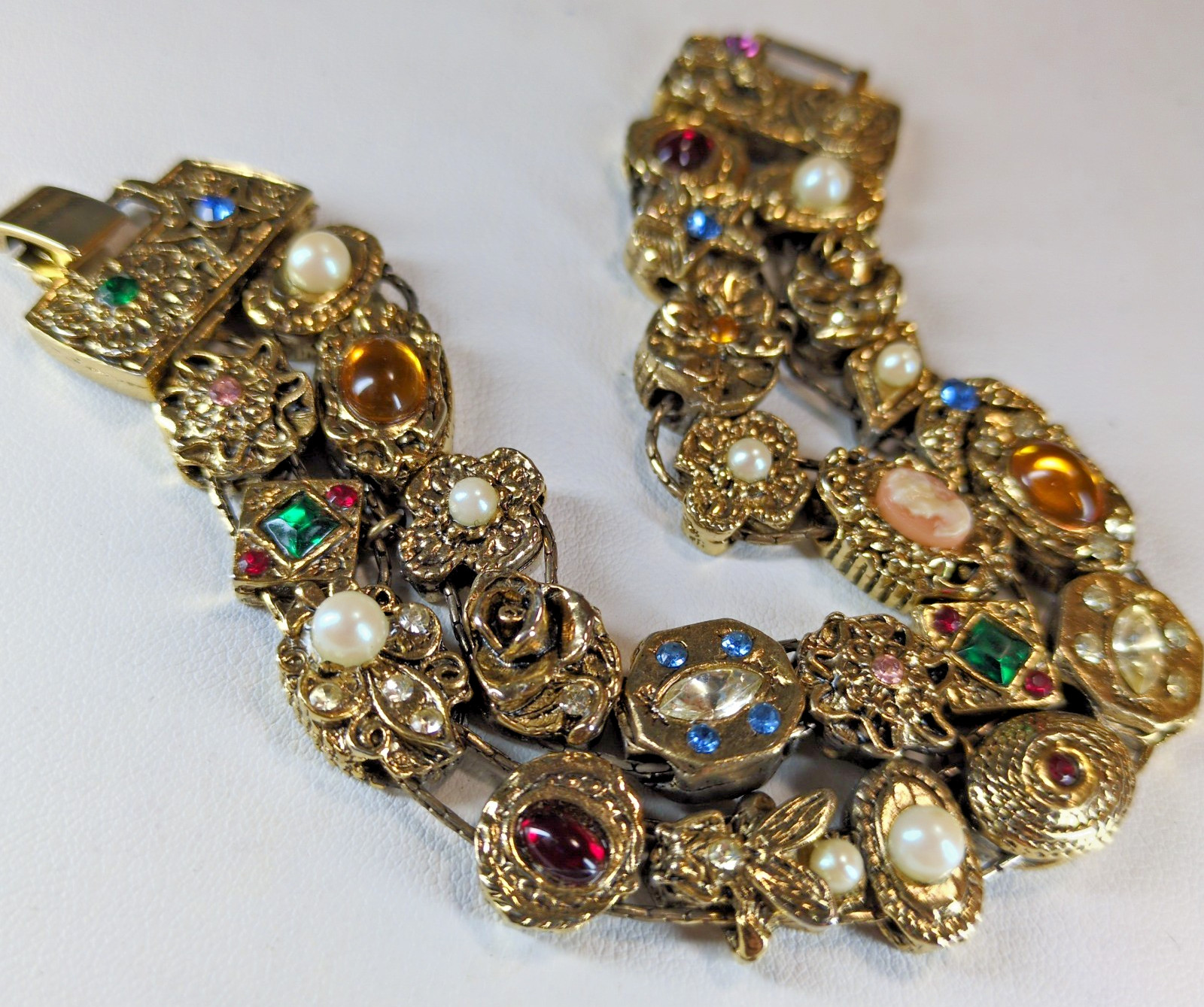 GOLDETTE NY Double Strand Slide Charm Bracelet Victorian Revival Rhinestone VTG