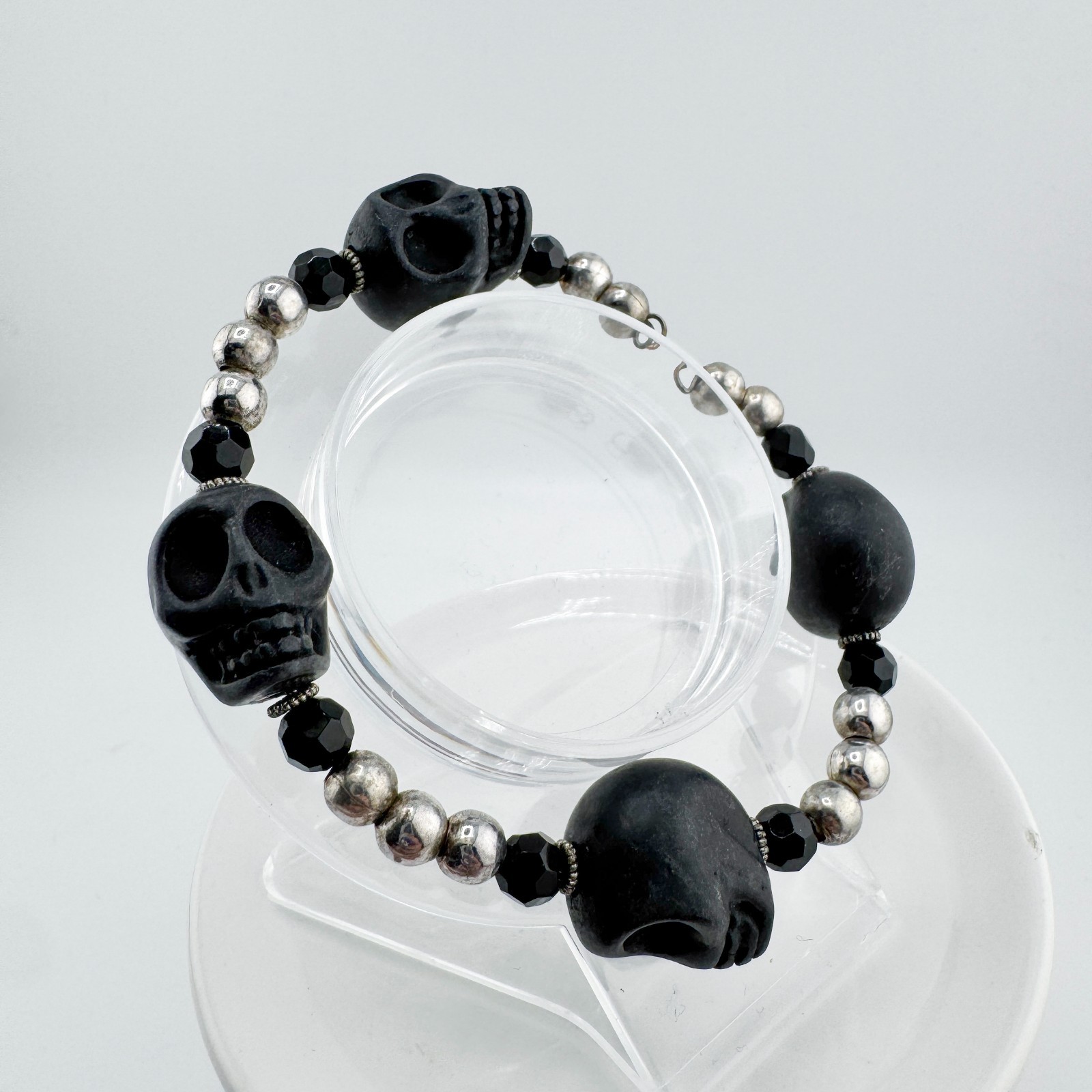 Black Skull & Silver Tone Beaded Stretchy Bracelet Gothic Edgy Rocker Punk Retro