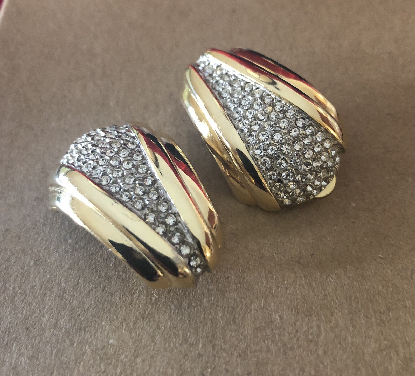Vintage signed KJL Kenneth Jay Lane Gold Plated Deco Earrings with Rhinestones