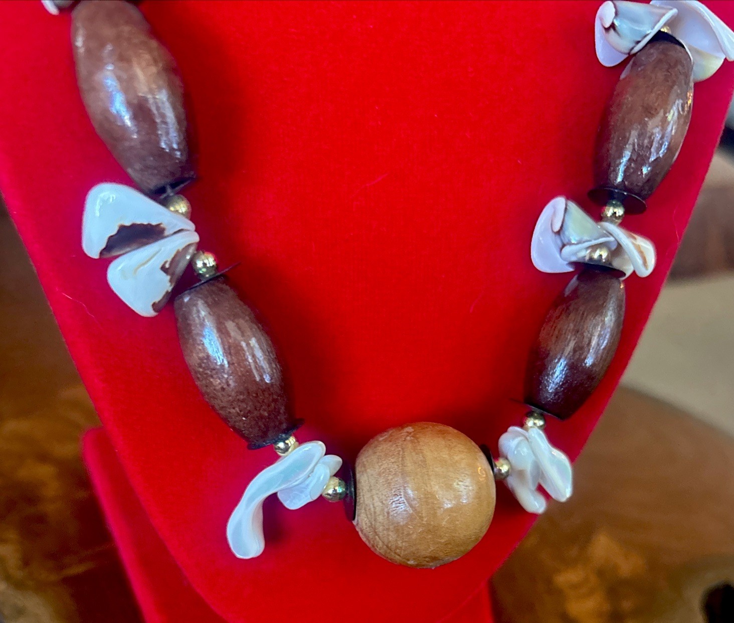 Vintage Unique Handmade Wooden & Shell Beaded Statement Necklace