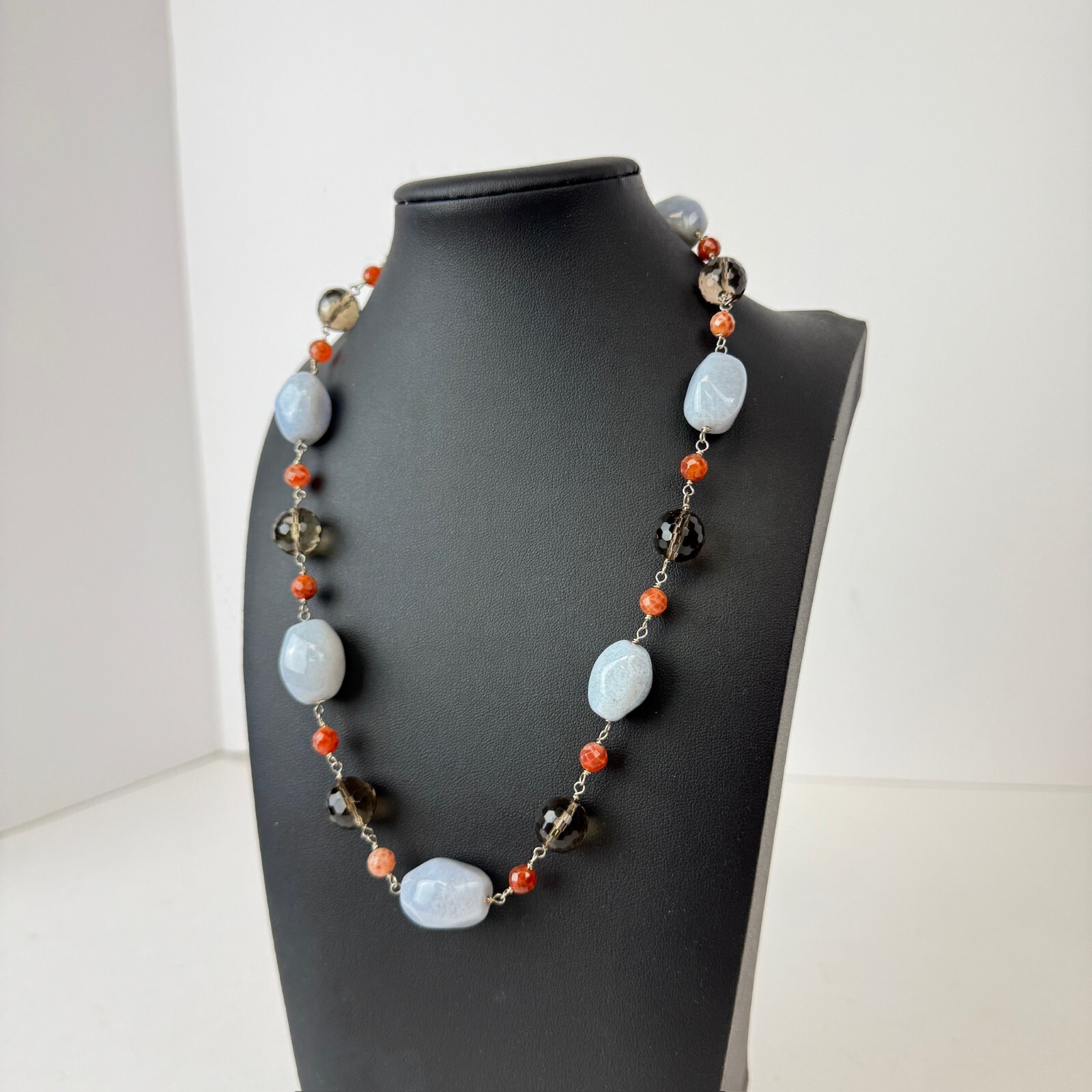 Polished Agate Blue Gemstone Smoky Quartz Faceted 19″ Chain Necklace 925 Clasp