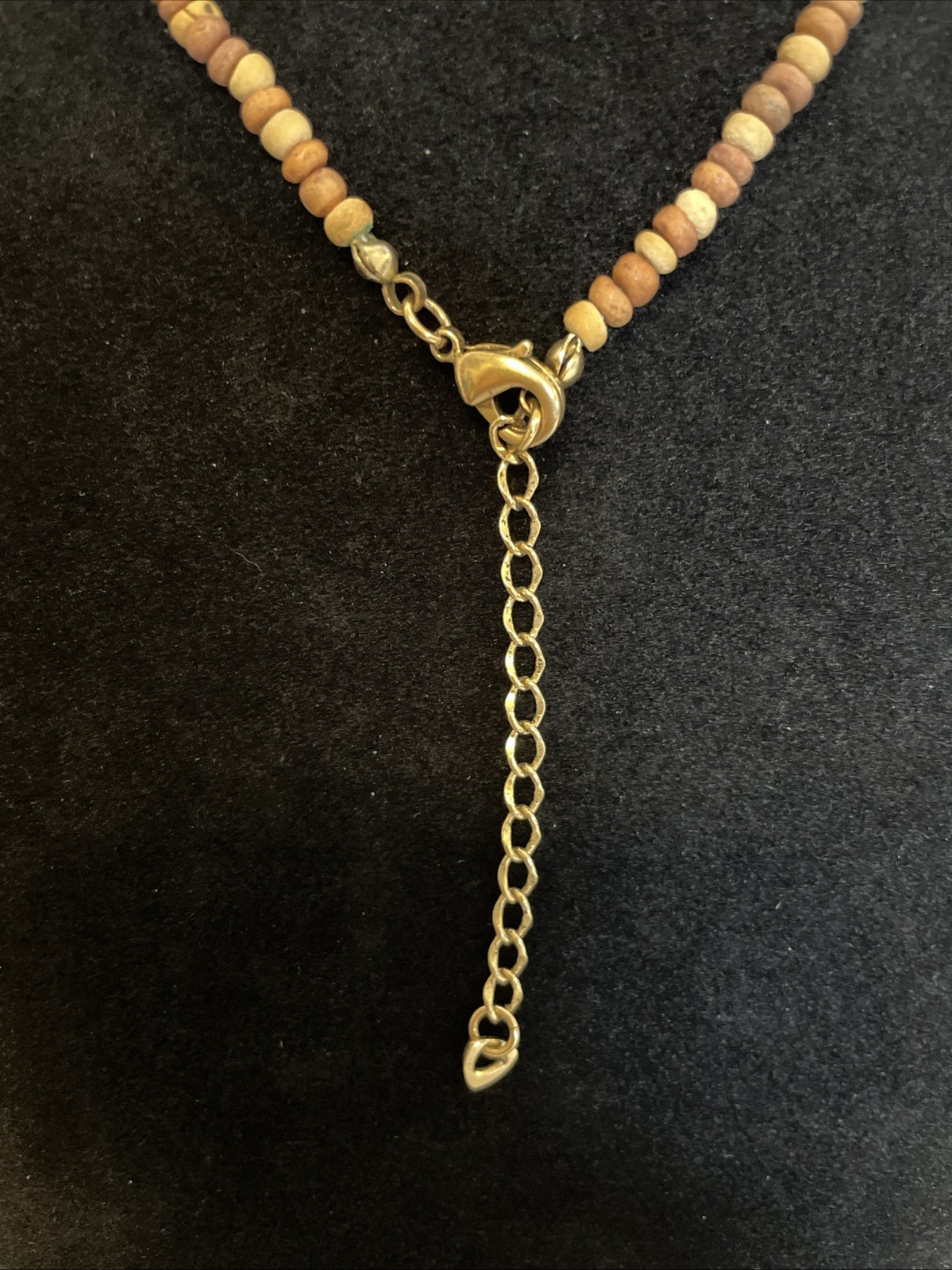 Wood Amber Resin White Beaded Lariat Choker Necklace 17 inches Hanging Pendant