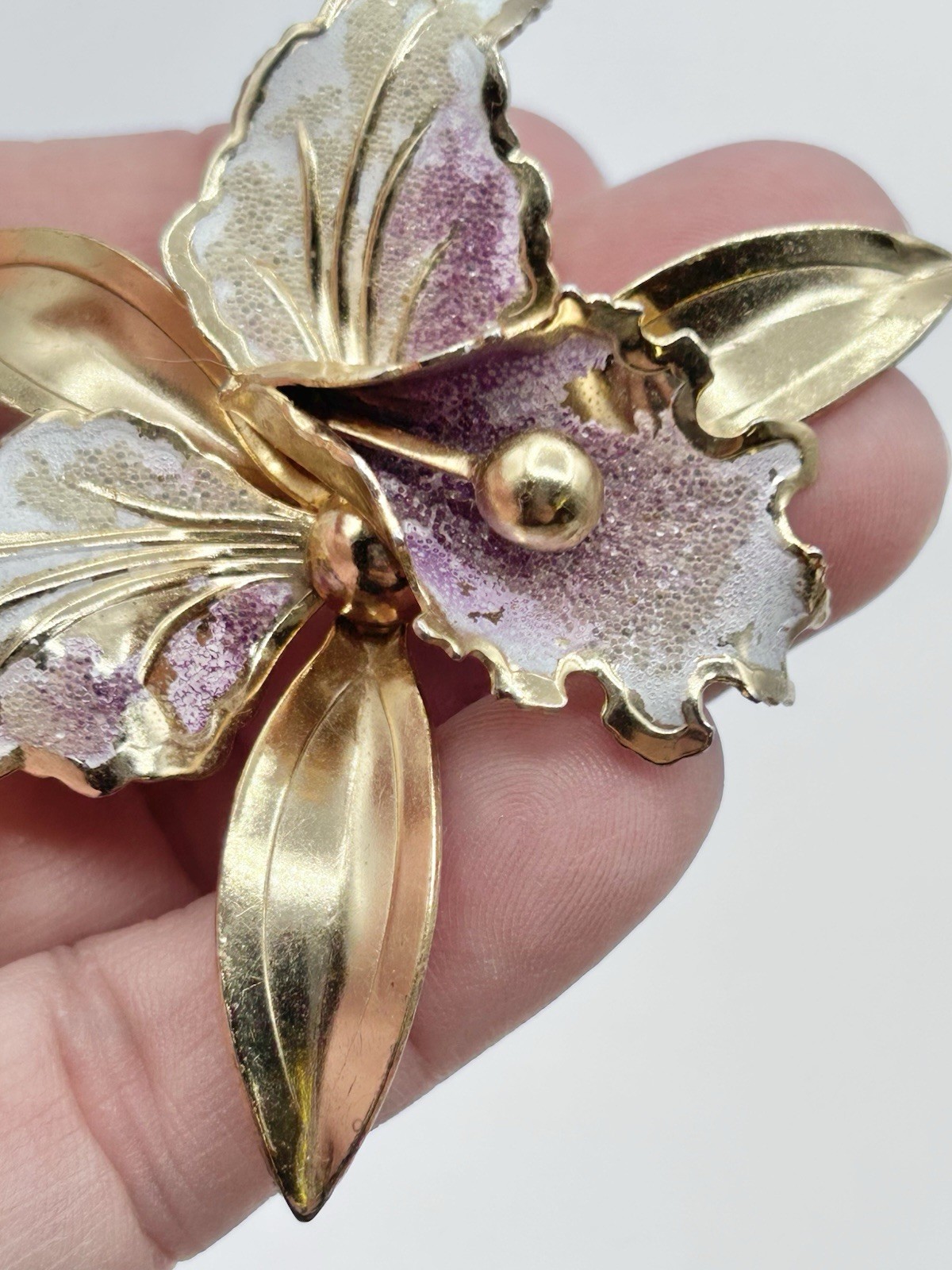 Vintage Gold Tone Purple Orchid Brooch Not Marked Large 2.5″