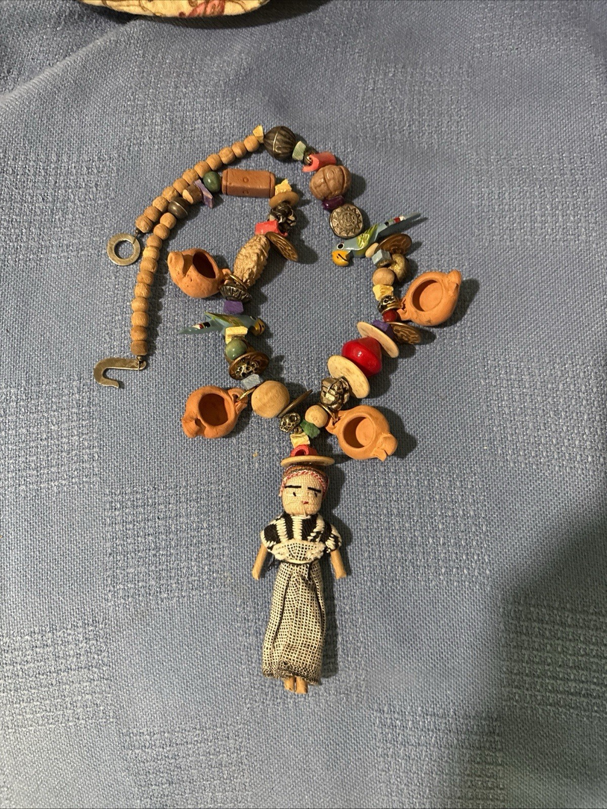 VTG Handmade Worry Doll Clay Pots Wood Metal NECKLACE Guatemala