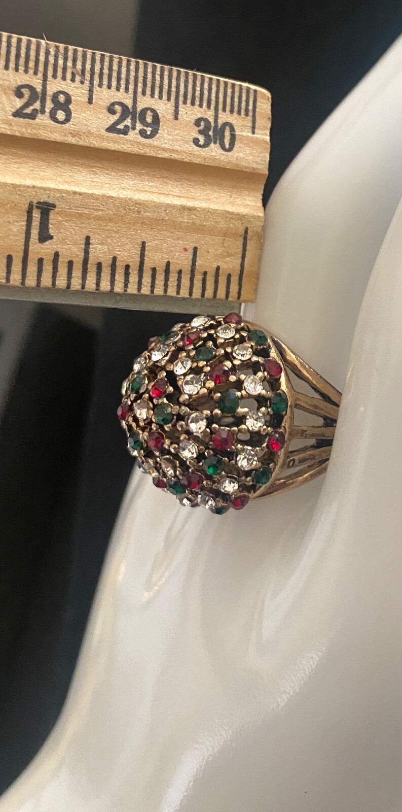 Ring Gold Tone Red Green Rhinestone Large statement Cocktail MCM Sz 9