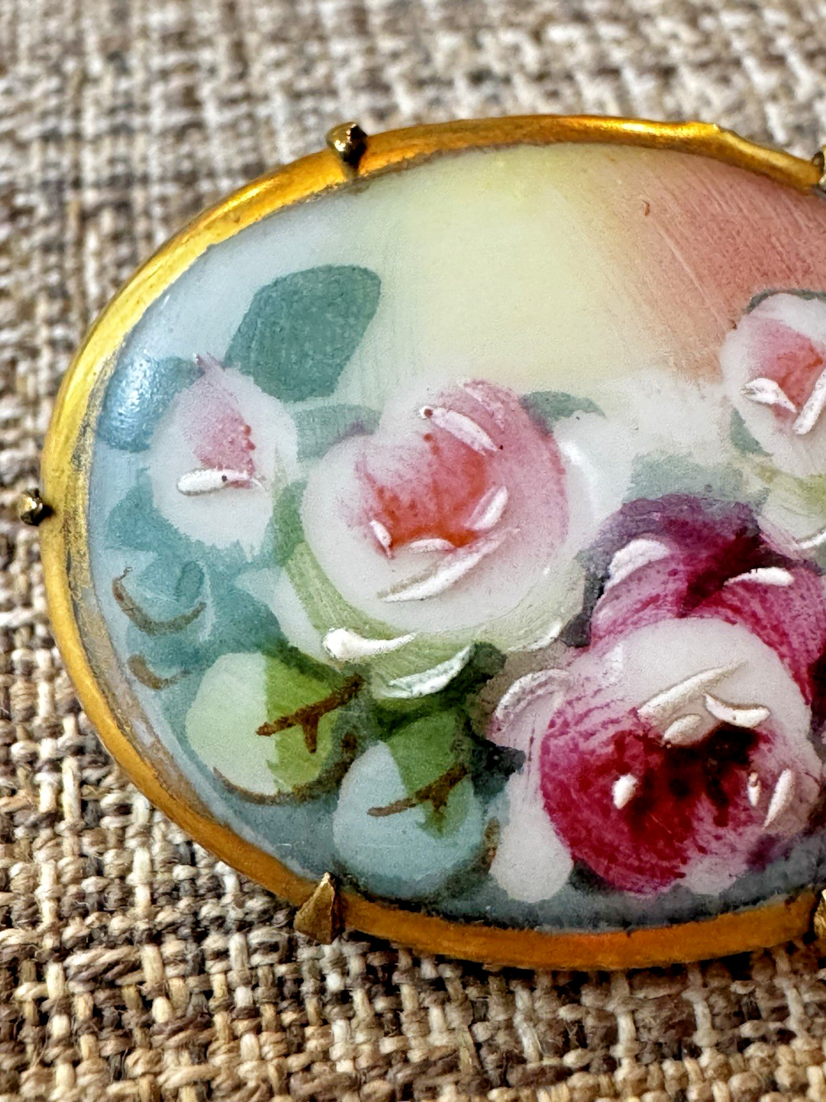 Vintage Victorian Style Hand Painted Floral Bouquet Porcelain Pin Brooch Roses