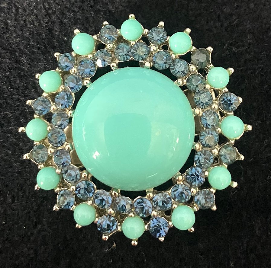 Vintage, Signed, Trifari Costume Jewelry Brooch Faux Turquoise Blue Rhinestones