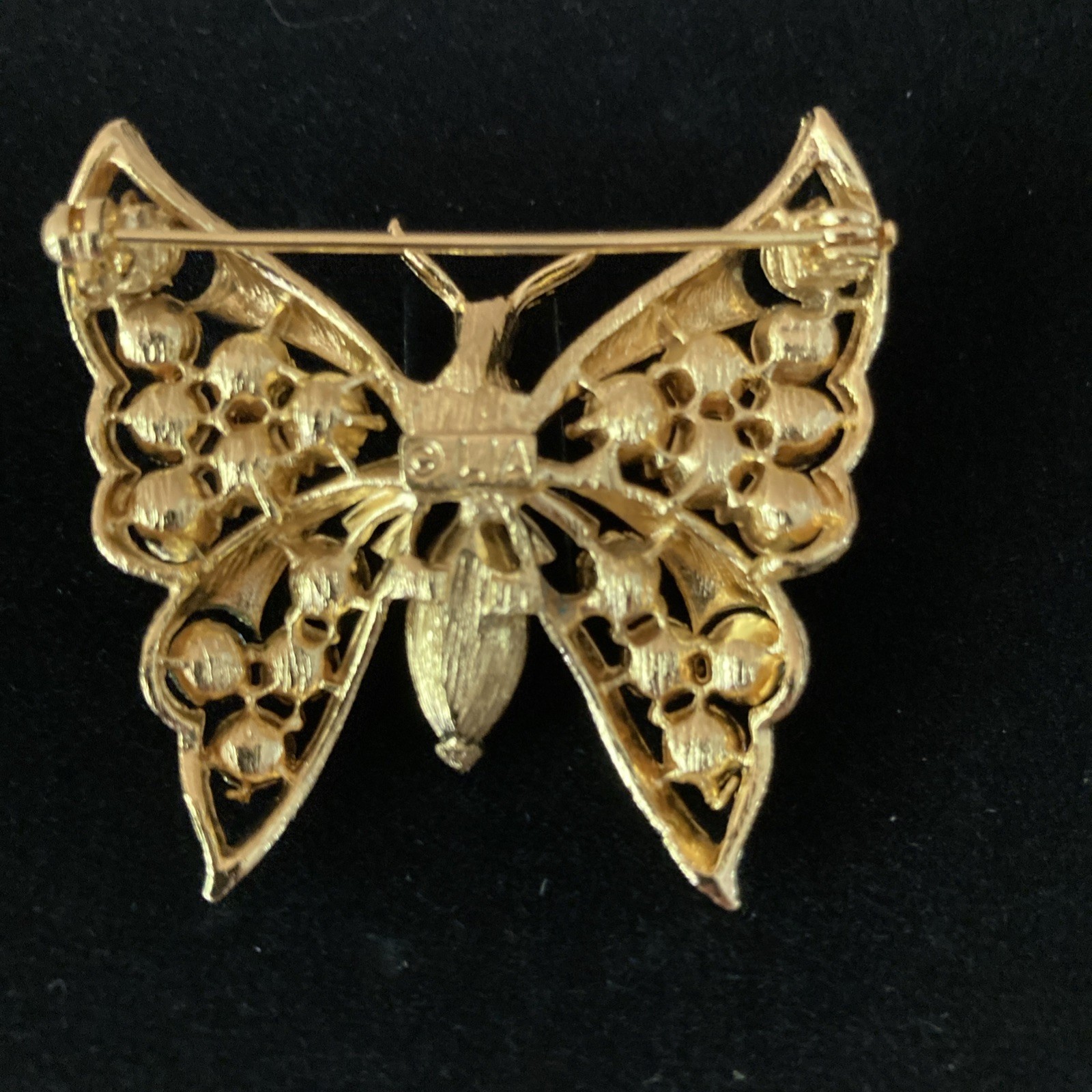 Butterfly Brooch Rhinestone Blue Gold Tone Vintage Lia Signed Bug Pin