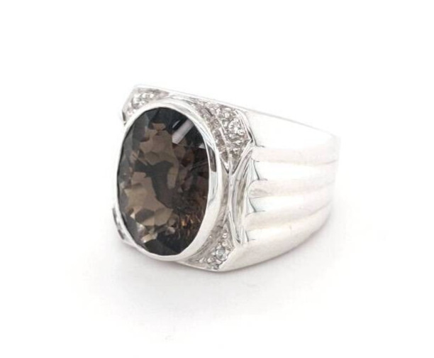 BROWN TOPAZ AND DIAMOND RING SIZE 10 STERLING SILVER 15 GRAMS MENS APPROX. 12 CT