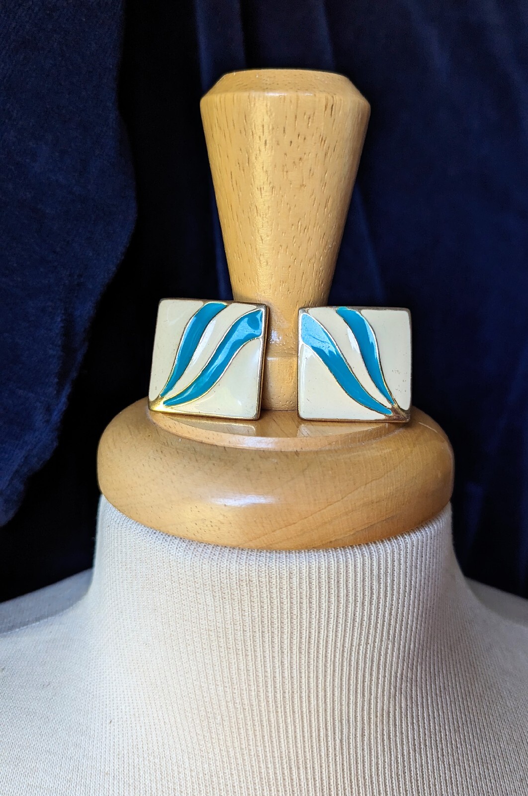 Vintage Large Square Cream Off White Blue Wave Swirl Enamel Clip Earrings Gold