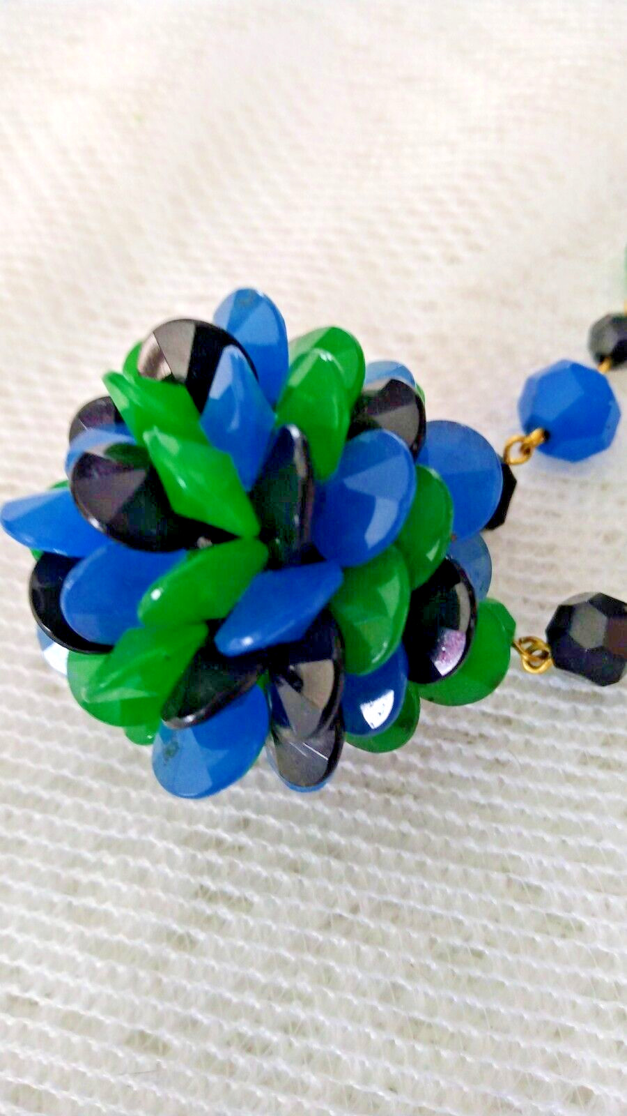 Vintage Blue Green & Black Beaded Pendant Necklace and Clip Earring Set,Germany
