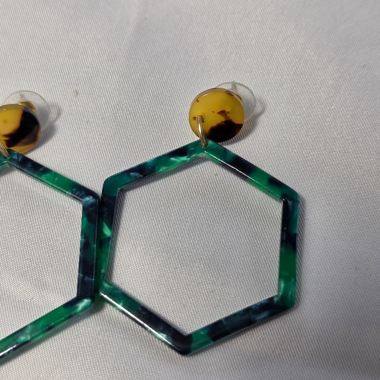 Green Hexagon Acrylic Hoop Earrings Polished Tortoise Shell Finish