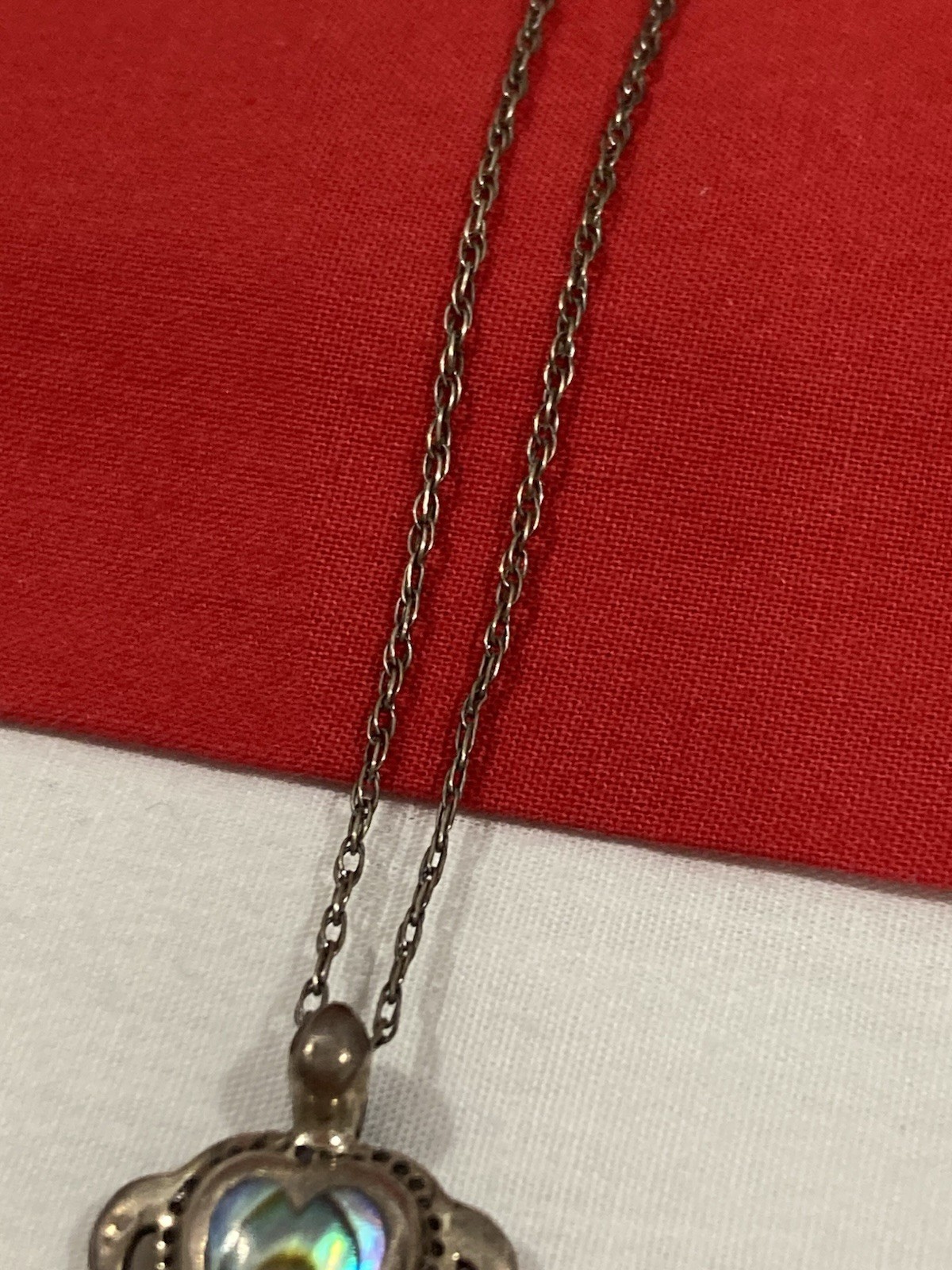 Vintage 925 Sterling Silver Abalone Heart Turtle Pendant & Chain Necklace 18.5”