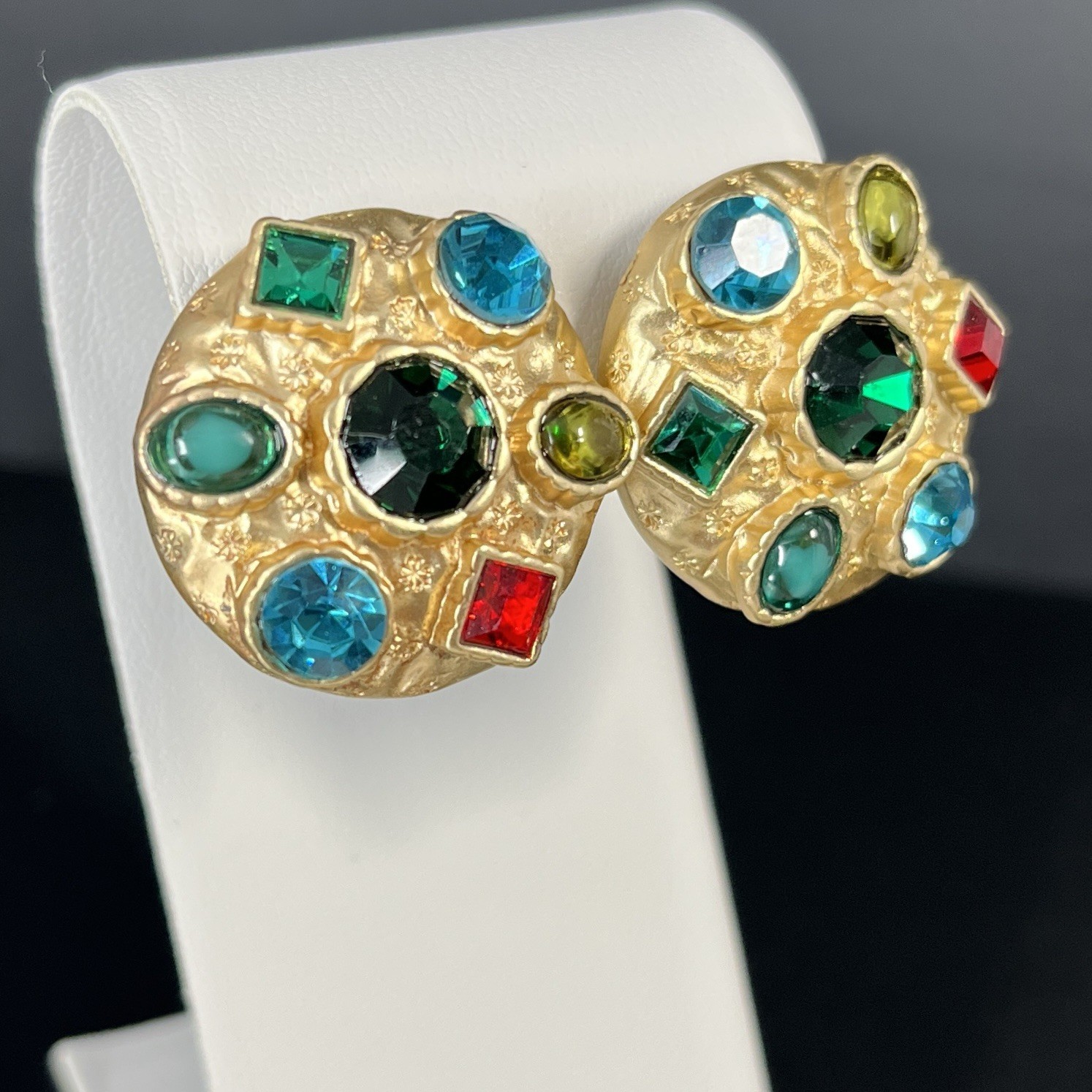 Byzantine Matte Gold Tone Earrings Round Rhinestone Gripoix Style Multicolor