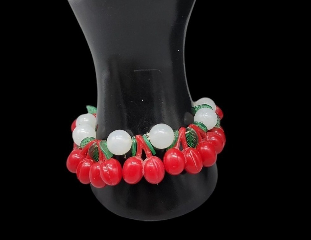 Lucite Cherry 34″ Necklace & 7″ Stretch Bracelet Red Cherries Translucent Beads