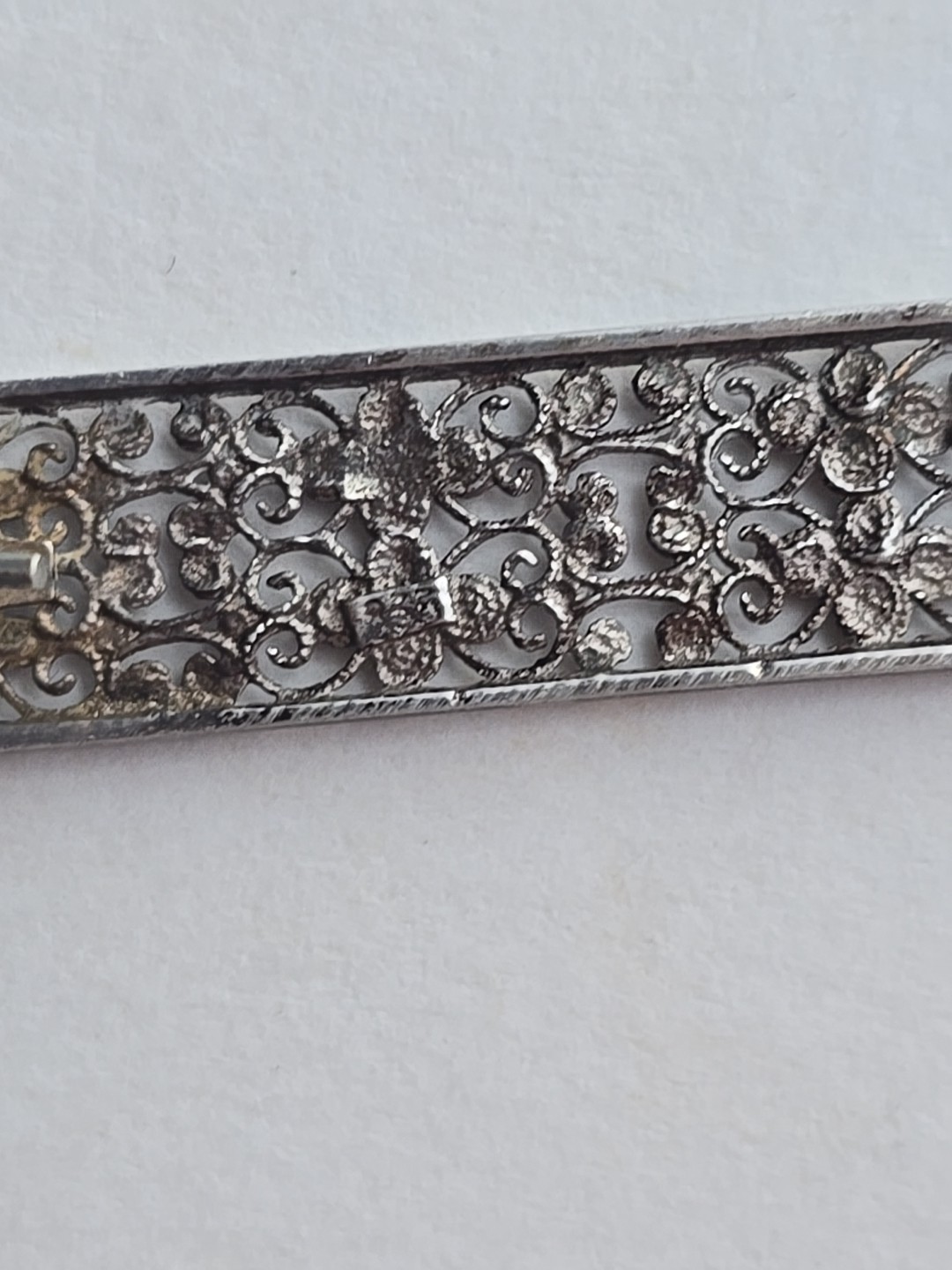 Art Nouveau 835 Silver Cannetille Wirework Flowers Filigree Bar Pin