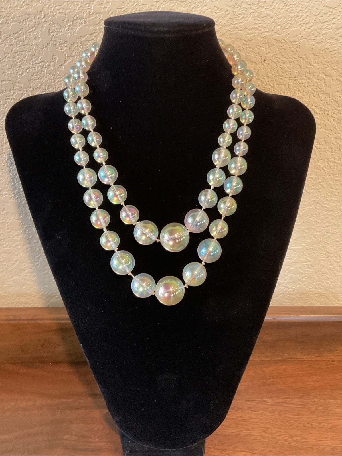 Vintage 18” Clear Iridescent Beaded Necklace Graduated Round Double Strands