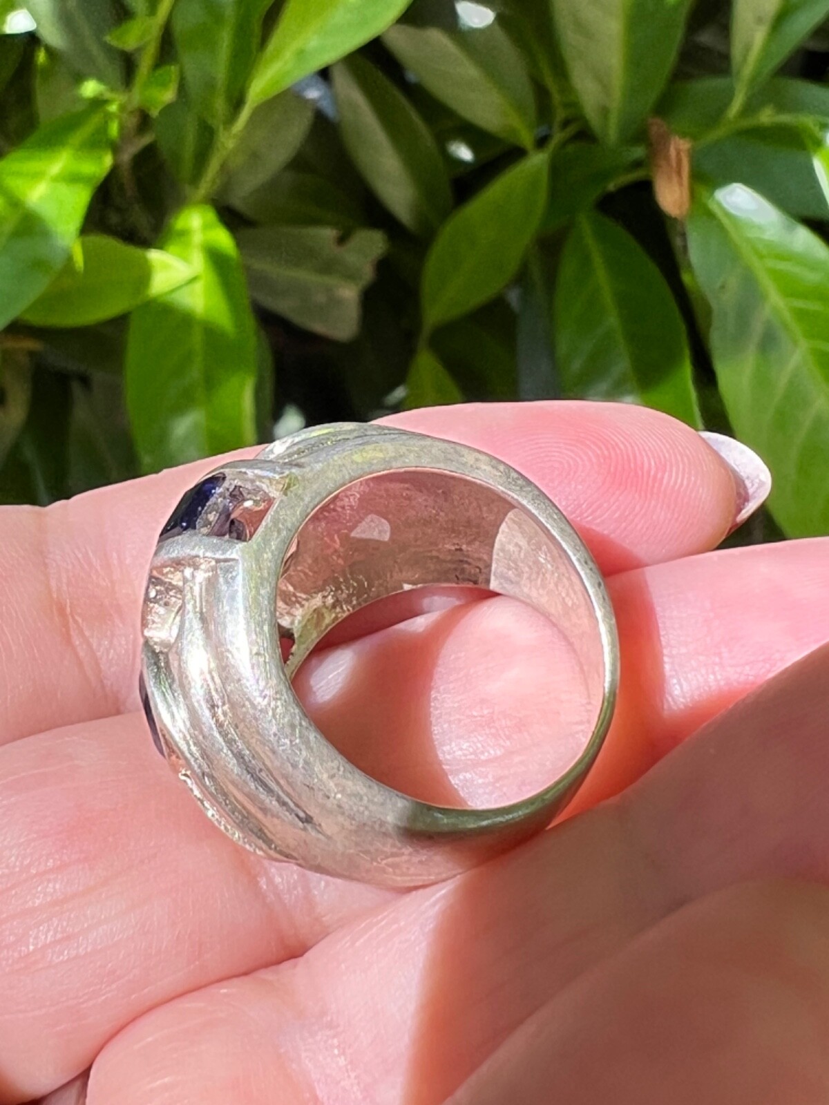 VINTAGE TANZANITE & IOLITE WIDE BAND RING 925 STERLING SLVER UNIQUE HEAVY CHUNKY