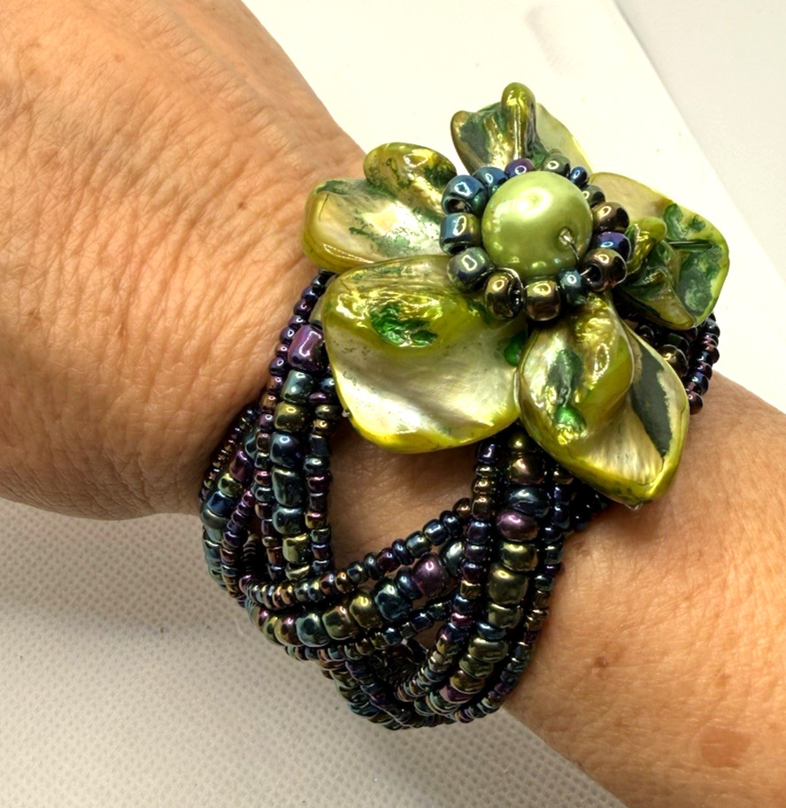 Vintage MOP Shell Flower Cuff Bracelet Iridescent Seed Bead Multi Strand Boho