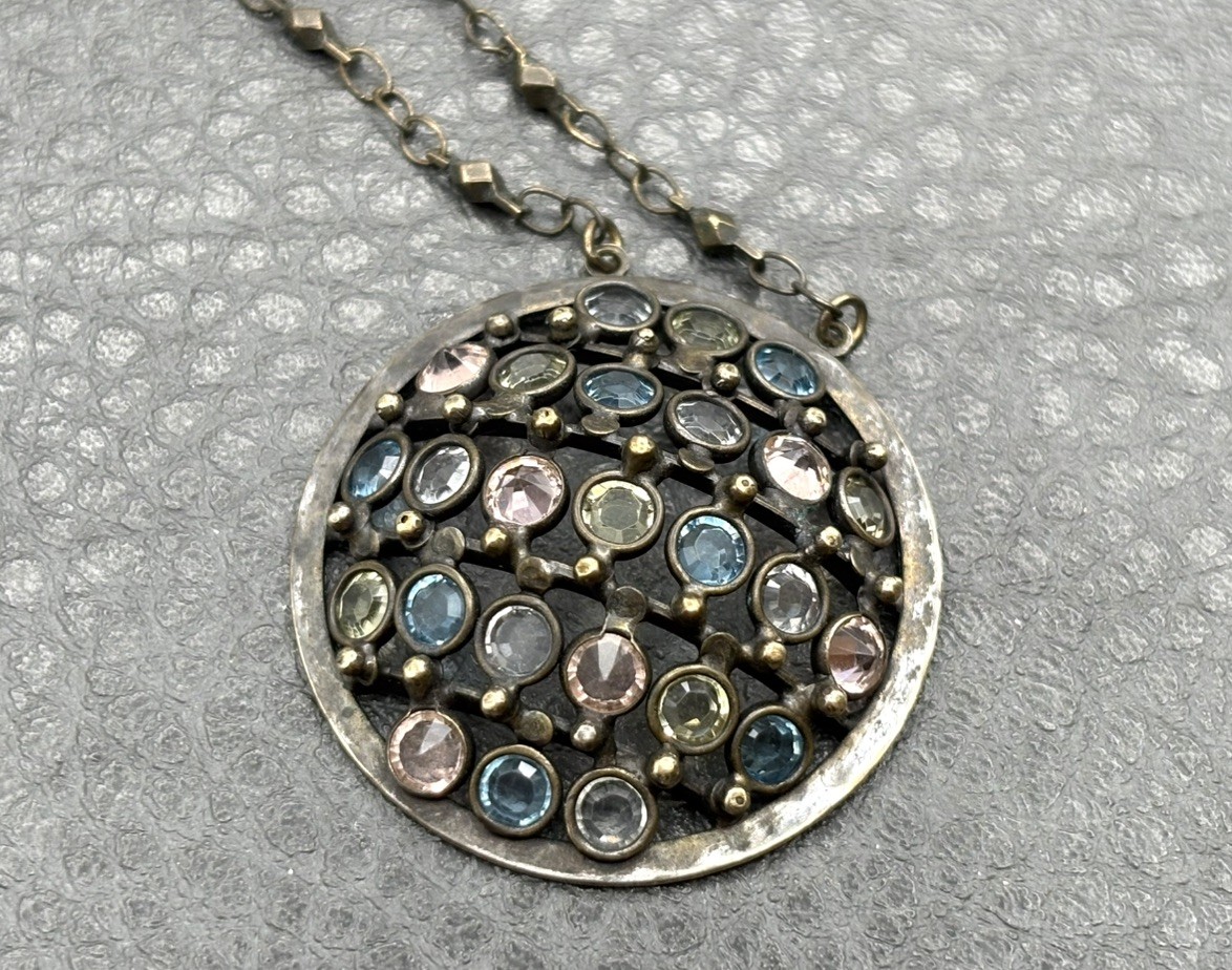 VTG Signed Sorrelli Necklace Gunmetal Silver Pink Blue Green Crystal Pendant